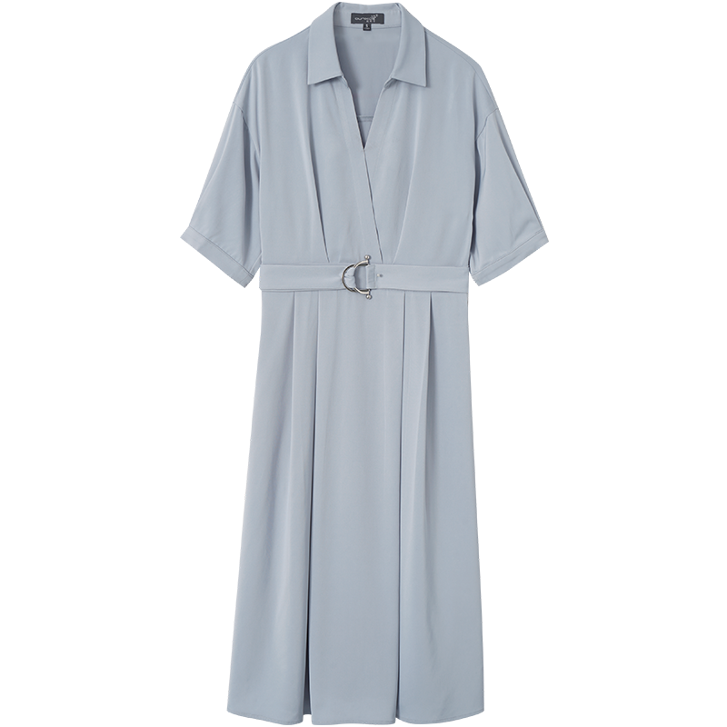 OUNIXUE欧昵雪 | [时尚纯色配腰带A字裙]夏季通勤风半开翻领五分袖连衣裙女