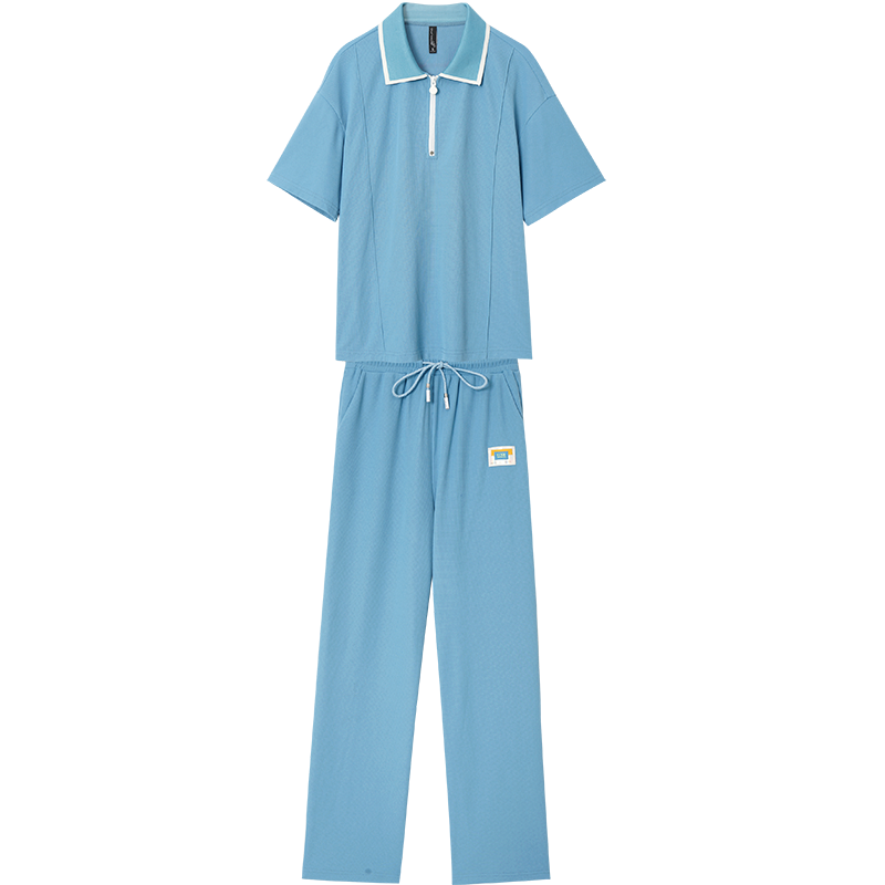 OUNIXUE欧昵雪 | [运动休闲套装]夏季减龄POLO衫松紧阔腿裤宽松两件套女