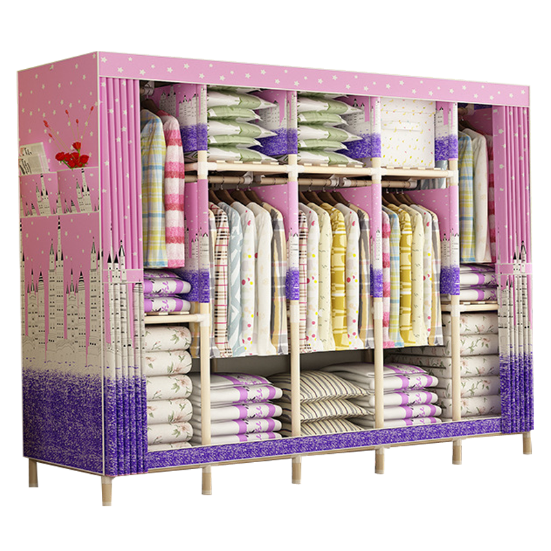 弘拜 简易衣柜布艺实木棒布衣柜非钢管衣橱组装衣服收纳柜子简约现代经济