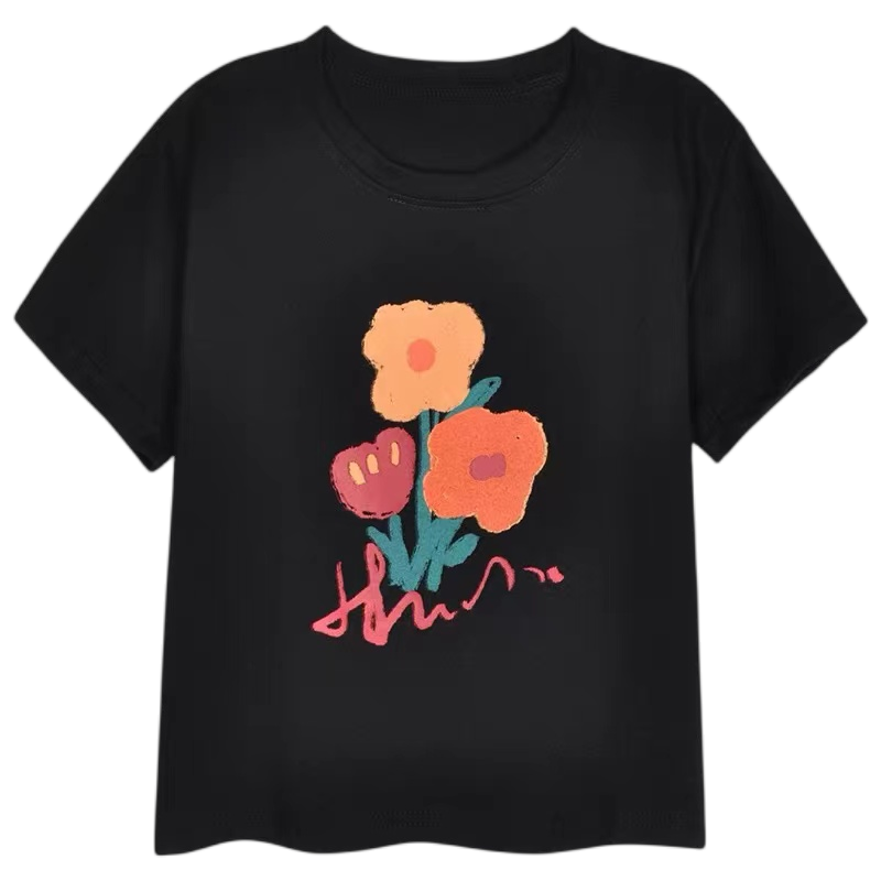 佳适CASS100%纯棉印花圆领短袖T恤女夏小个子宽松学生高腰露脐短款上衣潮