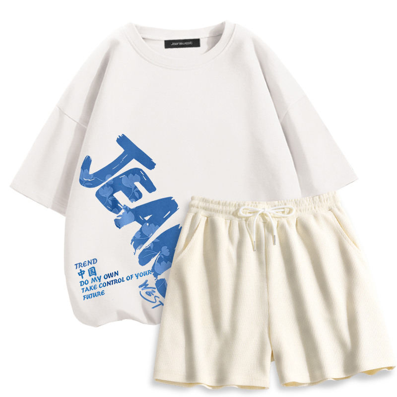 真维斯纯棉短袖女夏季潮牌大码休闲运动套装华夫格纯色短裤两件套