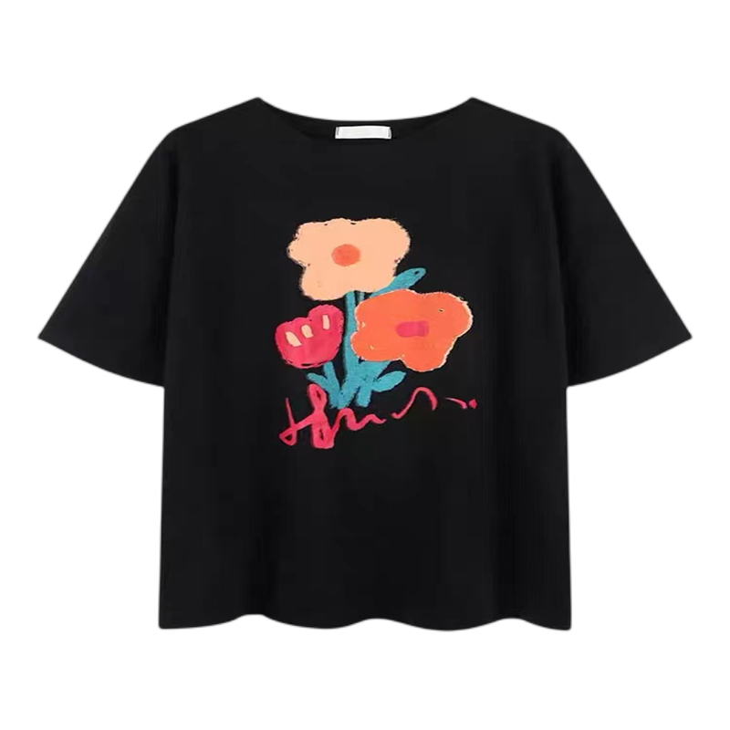 佳适CASS100%纯棉黑色正肩短袖女夏季显瘦宽松韩版ins百搭涂鸦印花T恤上衣