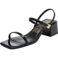 范思哲 VERSACE JEANS COUTURE 女士PU合成革方头粗跟一字带高跟凉鞋72VA3S32 71978