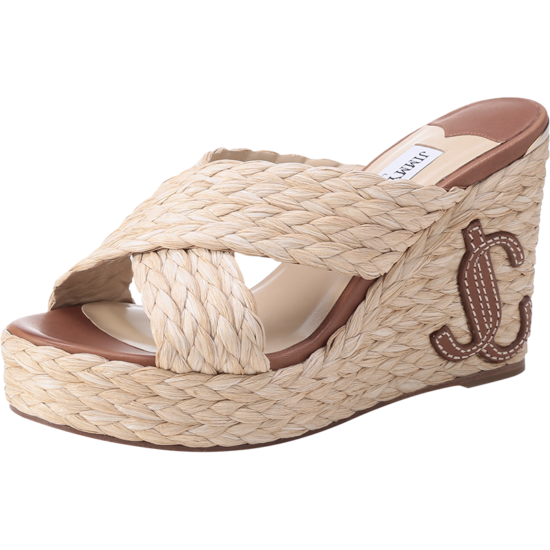 周仰杰 JIMMY CHOO 女士拉菲草编织坡跟厚底凉鞋拖鞋DOVINA 100 ZTF 221