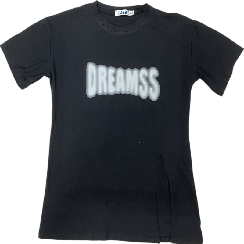 佳适CASS100%纯棉字母印花黑色短袖t恤女夏季开叉设计感宽松chic正肩上衣