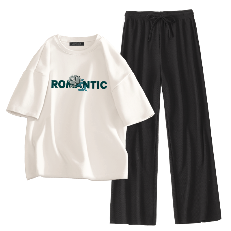 真维斯白色短袖t恤女休闲套装夏装大码女装2022新款冰丝裤两件套