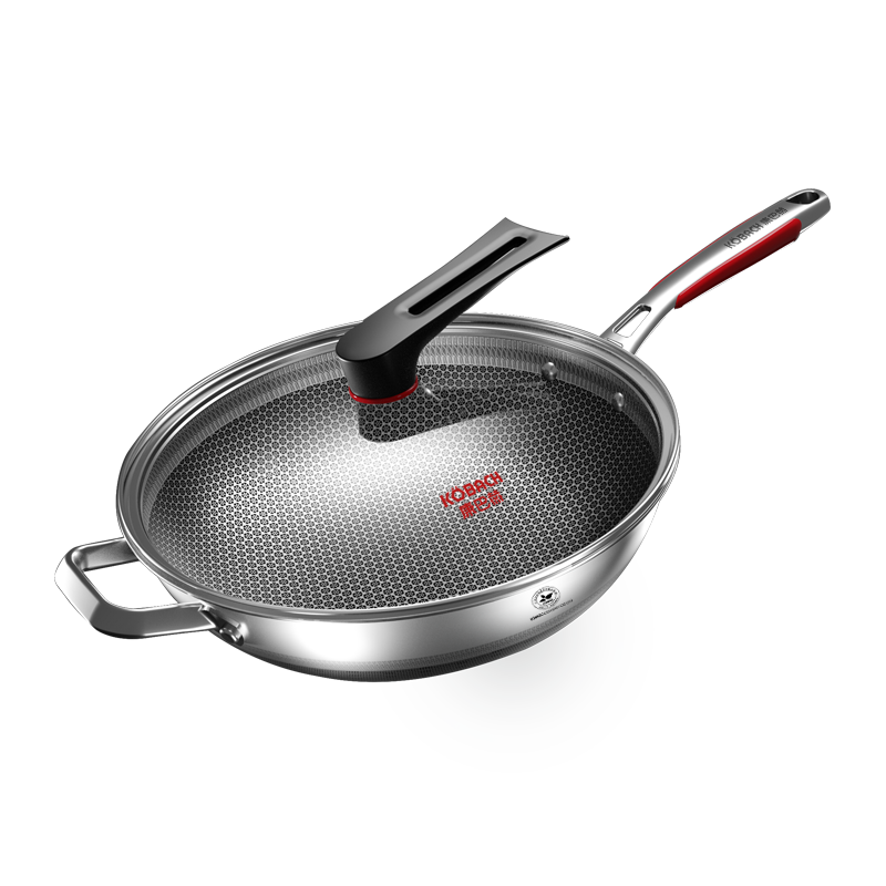 康巴赫乐厨款炒锅不粘锅316L不锈钢炒菜锅34cm加大号少油烟双面花纹蜂窝平底电磁炉燃气通用