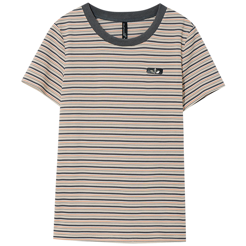 OUNIXUE欧昵雪 | [时尚感条纹圆领上衣]夏季简约撞色拼接短袖韩版百搭T恤女