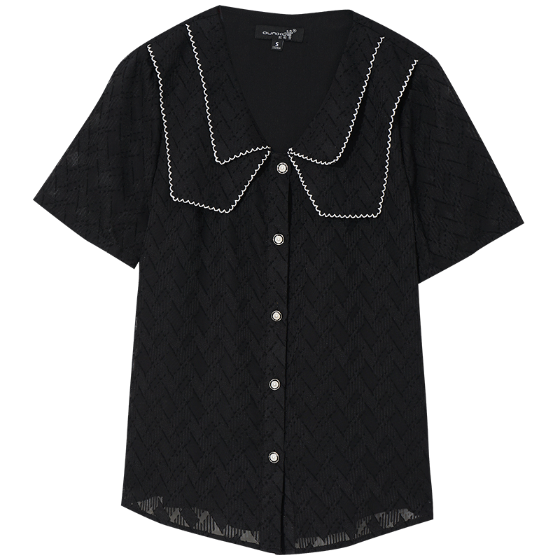 OUNIXUE欧昵雪 | [时尚提花雪纺衫小衫]夏季小众感翻领衬衫知性休闲短袖女