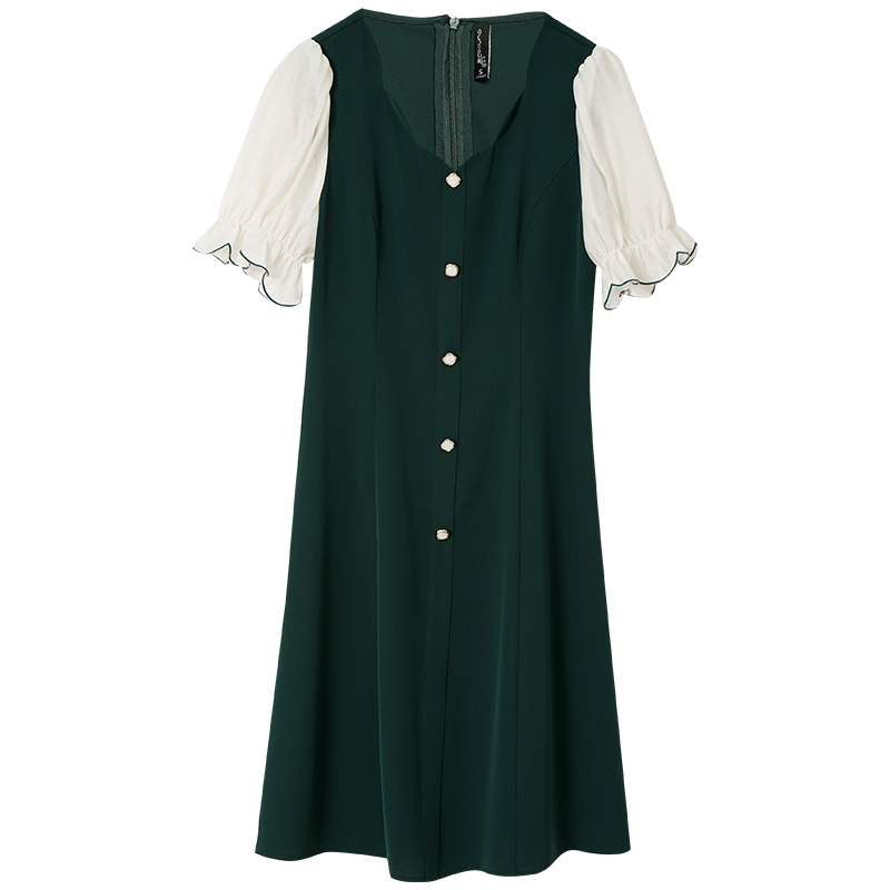 OUNIXUE欧昵雪 | [时尚A字裙]夏季浪漫波浪型V领撞色橡筋绣花短袖连衣裙女