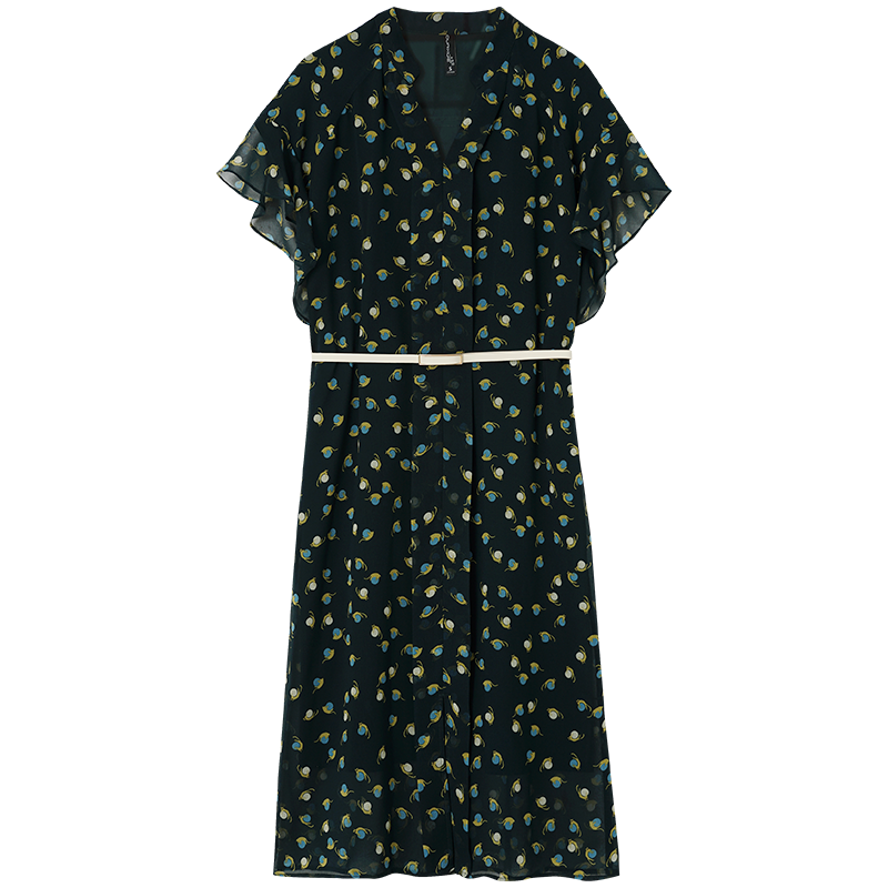 OUNIXUE欧昵雪 | [复古猫咪印花裙]夏季气质小V领荷叶袖雪纺裙时尚连衣裙女