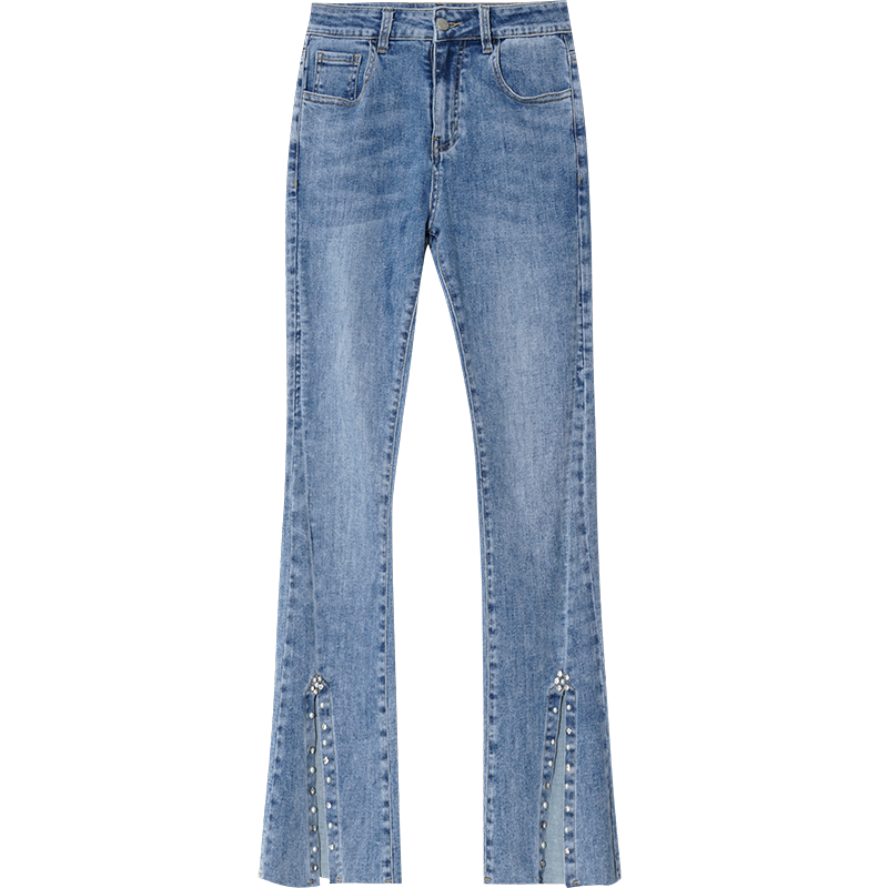 OUNIXUE欧昵雪 | [开叉钉珠微喇叭牛仔裤]夏季甜美风高腰显瘦时尚百搭裤子女