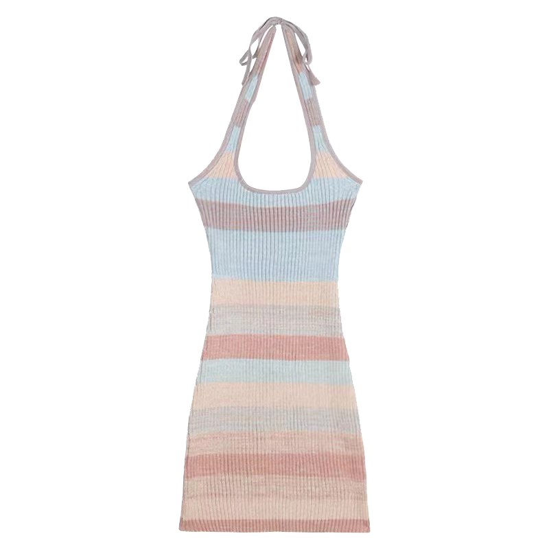 VICTORYVERA糖果渐变针织挂脖连衣裙女夏季短款辣妹收腰包臀裙子