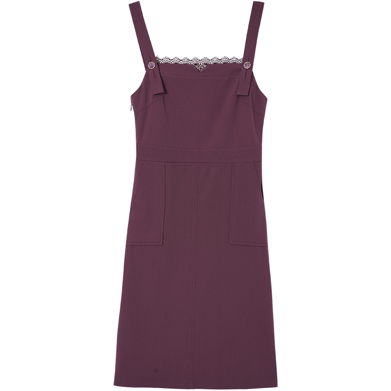 OUNIXUE欧昵雪 | [花边拼接背带裙]夏季温柔风方领中长款时尚纯色连衣裙女