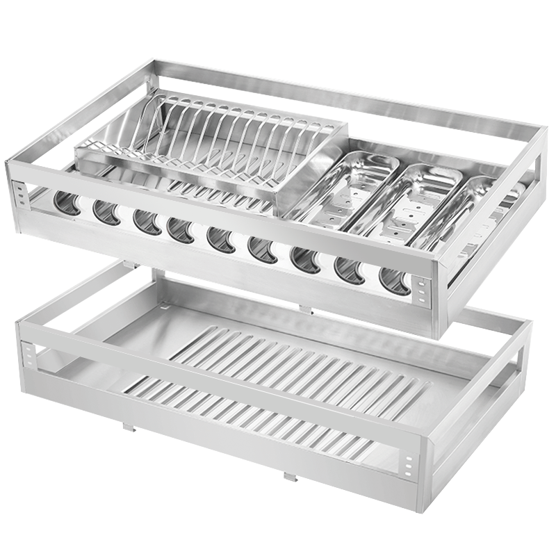拜隆厨房橱柜304不锈钢阻尼轨道抽屉式双层拉篮厨柜内置物收纳碗碟篮
