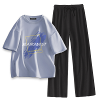 真维斯短袖t恤女2022夏季新款韩版小众宽松休闲冰丝裤两件套衣服