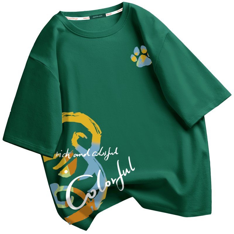 真维斯国潮纯棉短袖男夏季新款老虎印花t恤绿色百搭大码情侣半袖