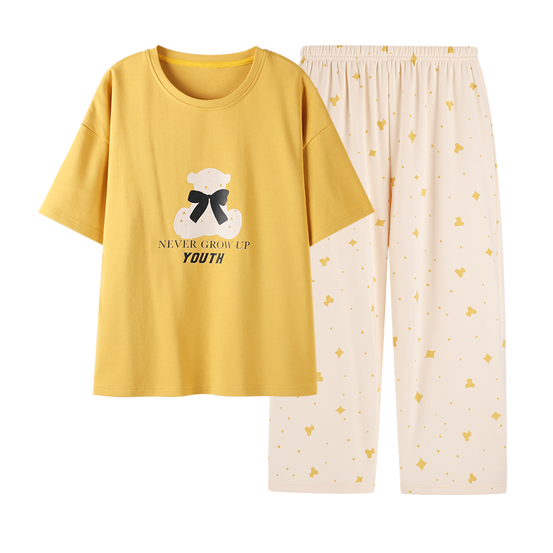 花花公子女士睡衣纯棉短袖少女家居服套装夏季薄款全棉宽松可外穿休闲