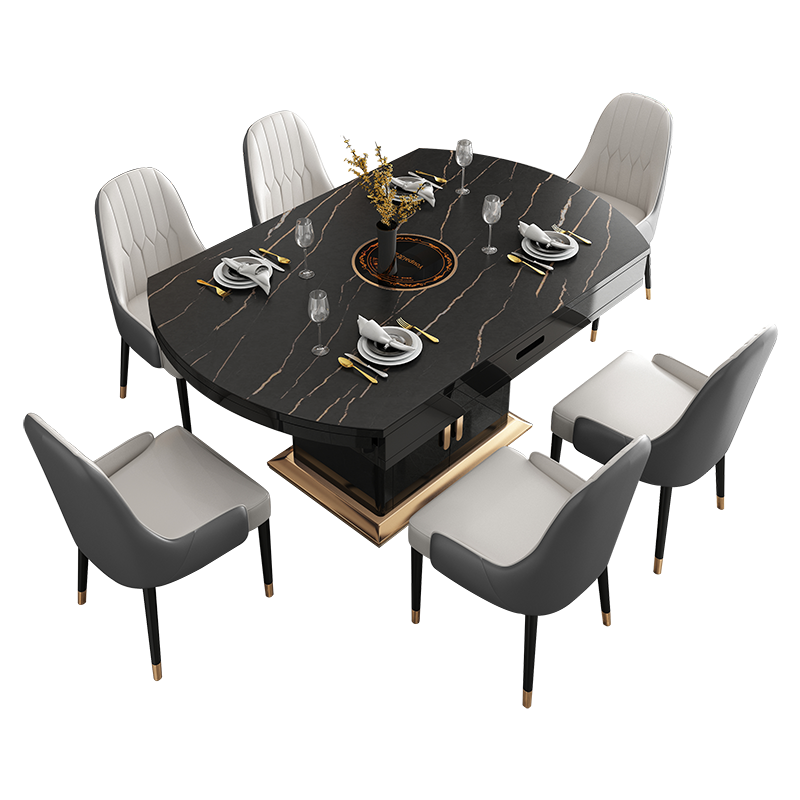 趣阁木业 岩板餐桌 轻奢餐桌椅组合 小户型简约现代多功能可伸缩折叠餐桌 餐厅家具圆形餐桌带电磁炉 长方形家用吃饭桌子