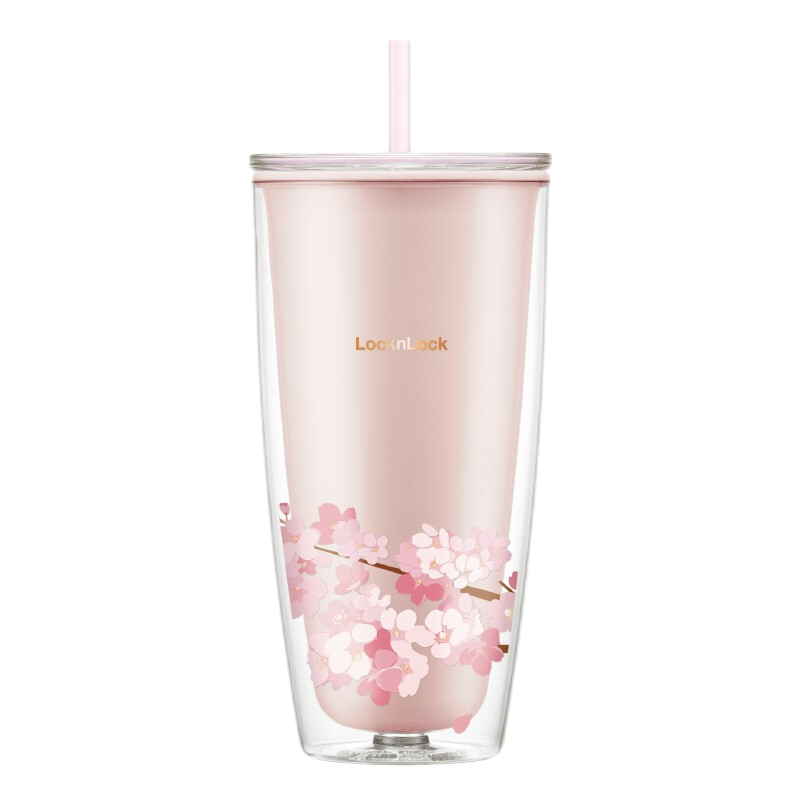 乐扣乐扣(LOCK&LOCK)樱花塑料吸管杯男女学生便携随手茶水杯子情侣生日礼物女朋友送礼