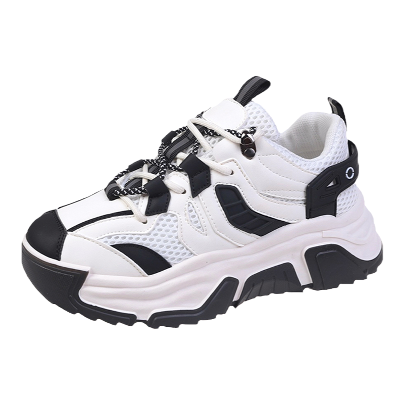 拉夏贝尔2022年新款网面透气厚底老爹鞋时尚百搭黑白色休闲鞋