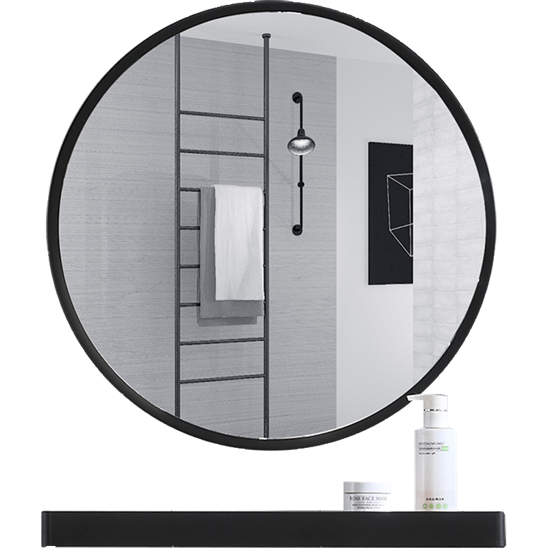 卫生间浴室镜洗手盆镜子带置物架方镜圆形免打孔金色黑色大小尺寸