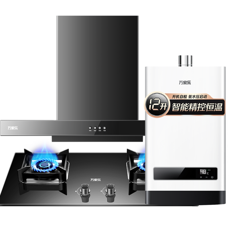 万家乐烟灶热套餐装18m³吸力油烟机欧式双层风轮台嵌两用液化气灶12升恒温热水器AT031+AY5+12W2(Y)