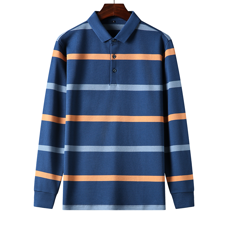 千锦鸟(Qianjinniao)男士长袖t恤纯棉棉翻领T恤2022新款休闲百搭条纹polo衫中青年公务员上班体恤衫爸爸装