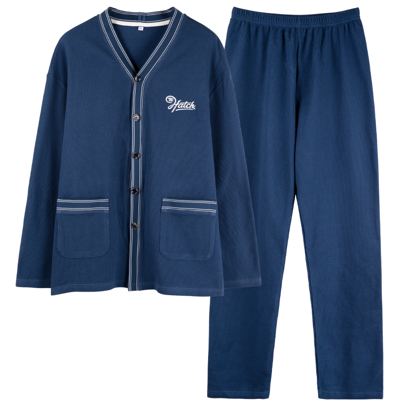 猫人男睡衣纯棉新款开衫长袖长裤华夫格时尚休闲全棉宽松家居服男套装