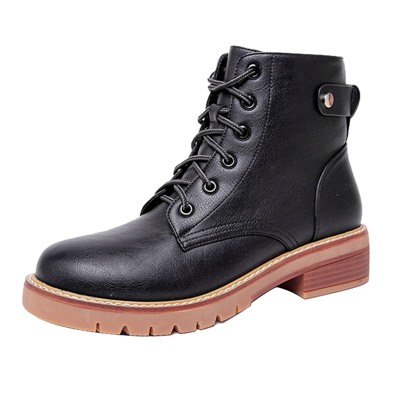 依思q秋冬季马丁靴女皮面舒适百搭低跟女靴加绒保暖