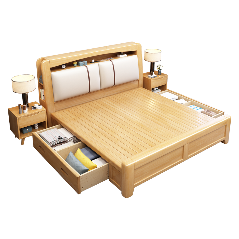 百冠环球 实木床现代简约橡木大床北欧小户型卧室夜灯储物双人床