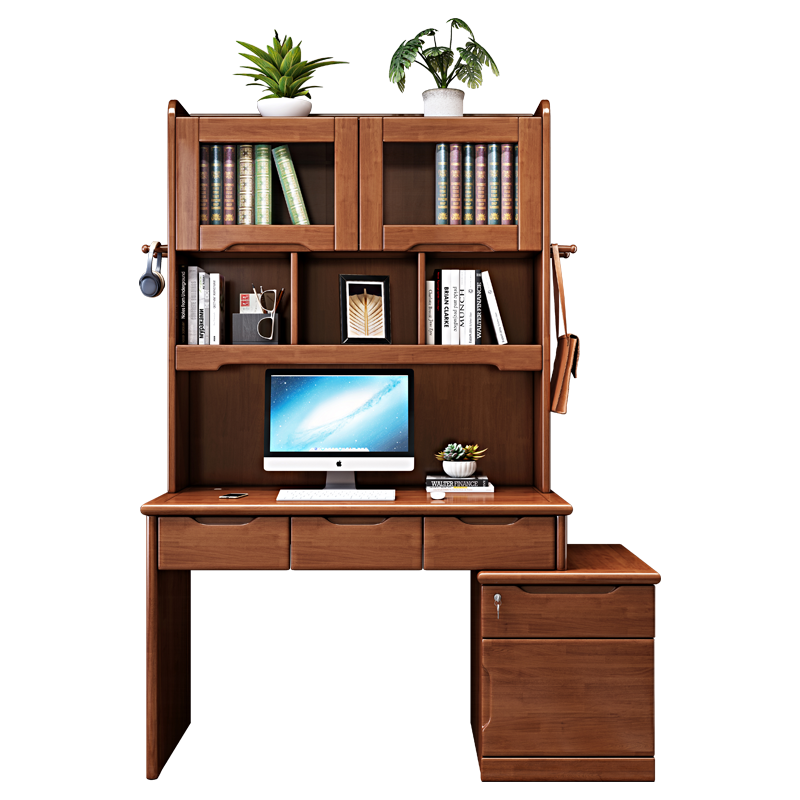 百冠环球 实木书桌书架组合伸缩书桌家用台式电脑桌一体书房成人简约现代白色中式