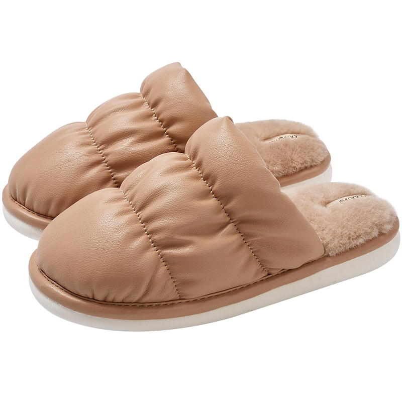 遠港面包棉拖鞋女秋冬季居家用室内防滑防水保暖加绒PU皮质冬天男