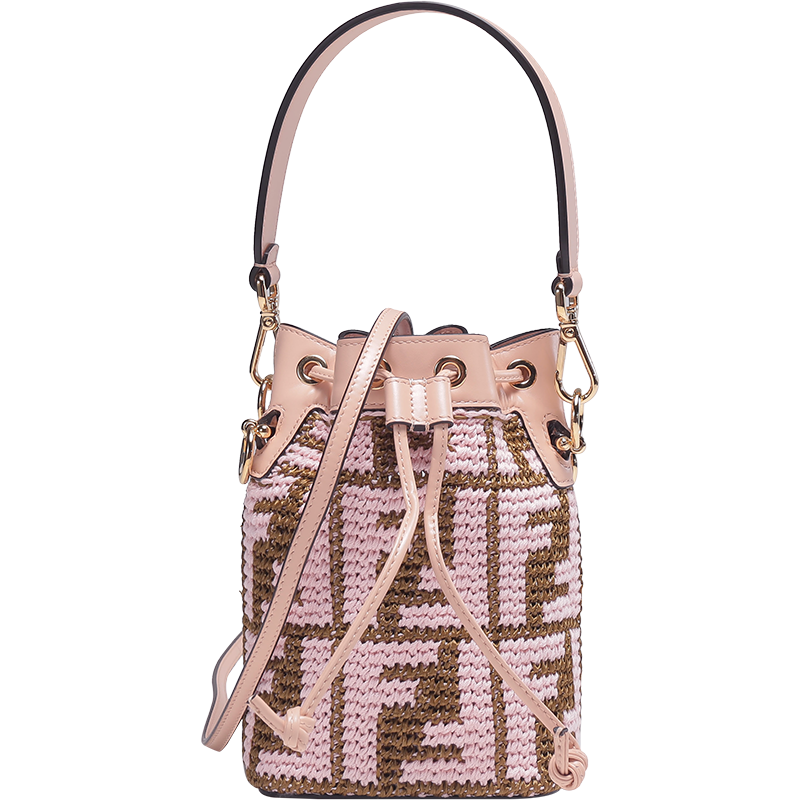 芬迪 FENDI 女士MON TRESOR系列织物配皮钩编拉菲草手提单肩斜挎包抽绳包水桶包8BS010 AJH3