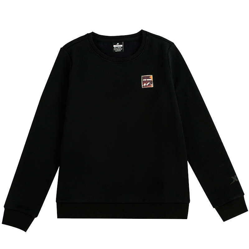 特步加绒卫衣女2022秋冬季保暖女装长袖新款圆领休闲服运动上衣黑运动卫衣