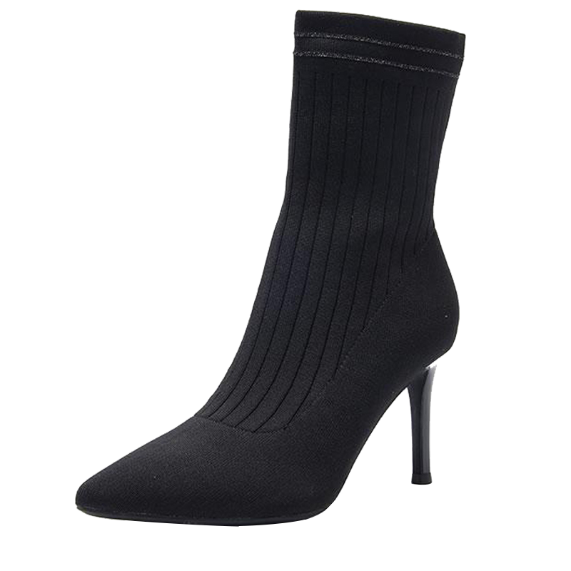 依思Q袜子靴尖头短靴女细高跟秋冬新款瘦瘦靴袜靴弹力靴19186062