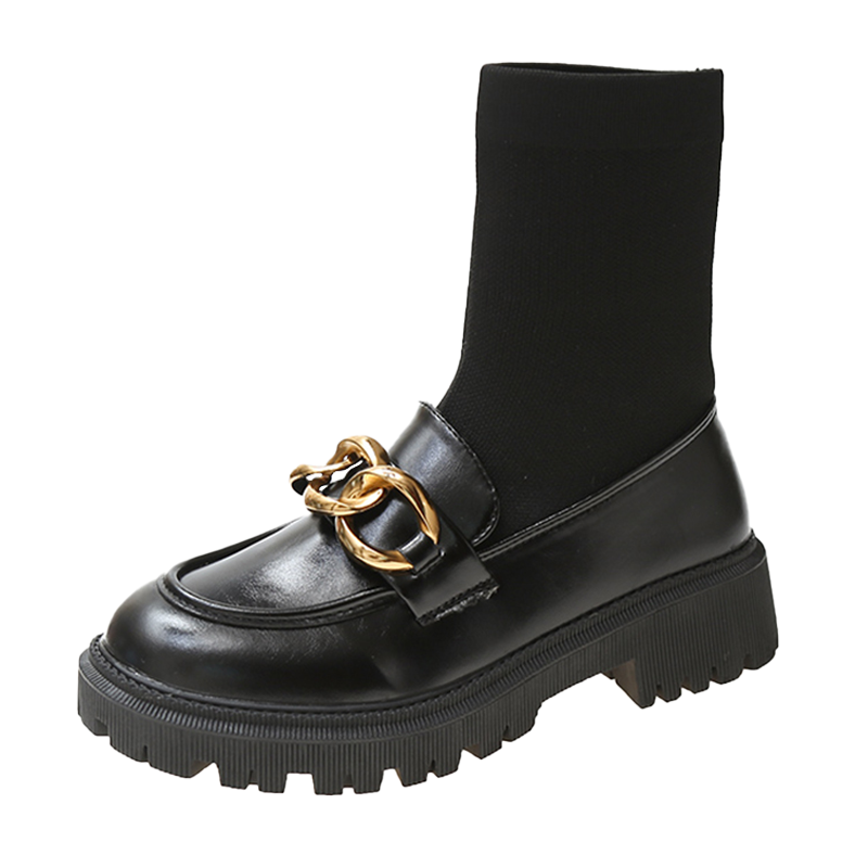 拉夏贝尔新款黑色圆头英伦风弹力靴炸街小短靴