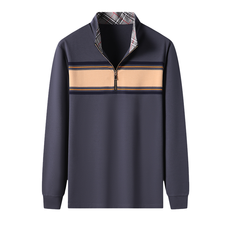 千锦鸟2022秋季新款男士长袖t恤立领条纹T恤中青年休闲百搭轻商务POLO再生纤维体恤衫爸爸装父亲节秋装礼物男装上衣