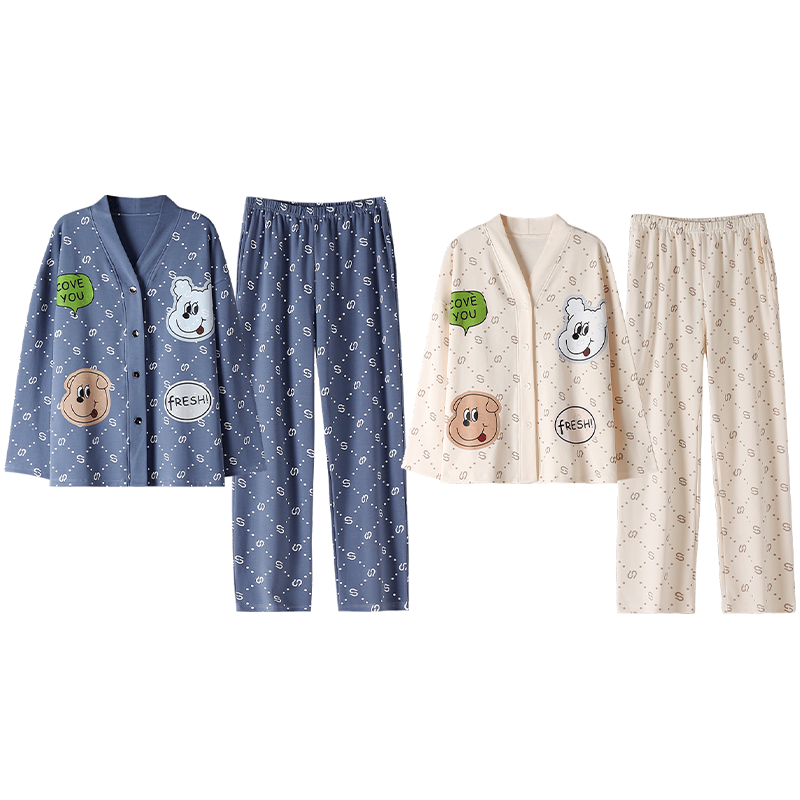 浪莎春秋款情侣睡衣家居套装2022年新款睡衣女长袖仿棉春秋款可外穿加大码休闲家居服