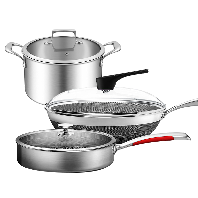 康巴赫第五代锅具套装三件套5代炒锅抗菌不锈钢炒菜锅双面煎锅平底锅汤锅炖锅煮锅蒸笼组合