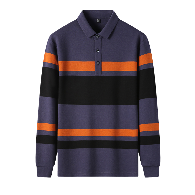 千锦鸟2022年新款男士纯棉长袖T恤全棉轻商务刺绣珠地棉t恤中青年公务员上班条纹翻领POLO体恤衫爸爸父亲领导秋装上衣