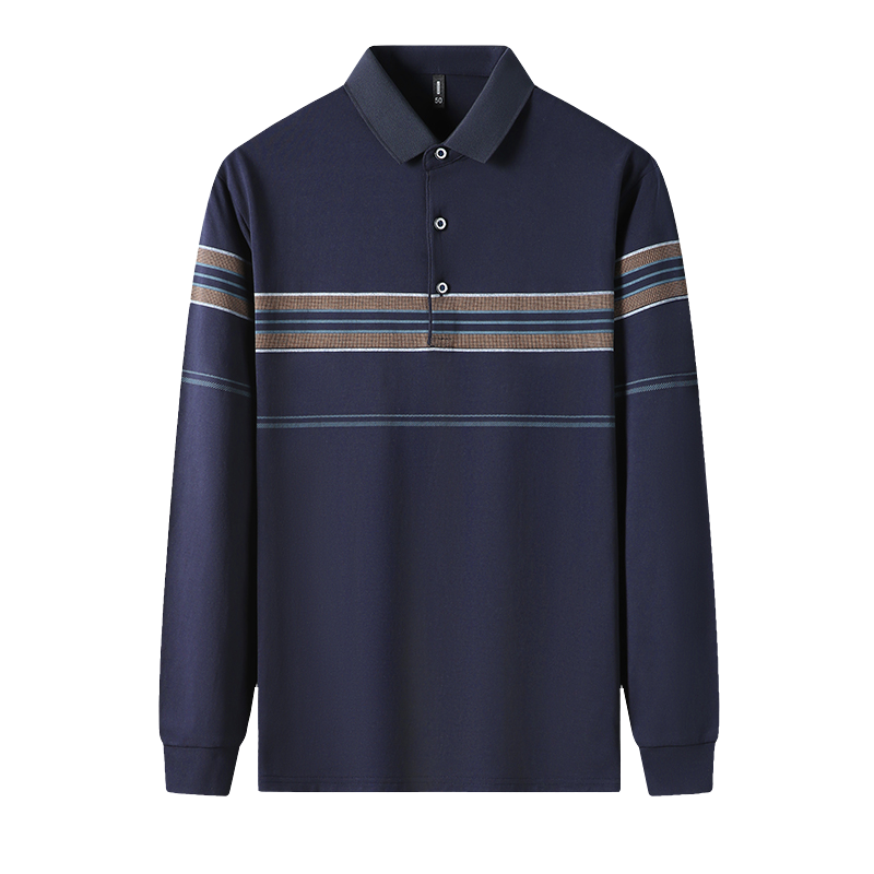 千锦鸟2022年新款男士纯棉长袖T恤棉质轻商务休闲棉t恤中青年公务员上班条纹翻领POLO体恤衫爸爸父亲领导秋款上衣