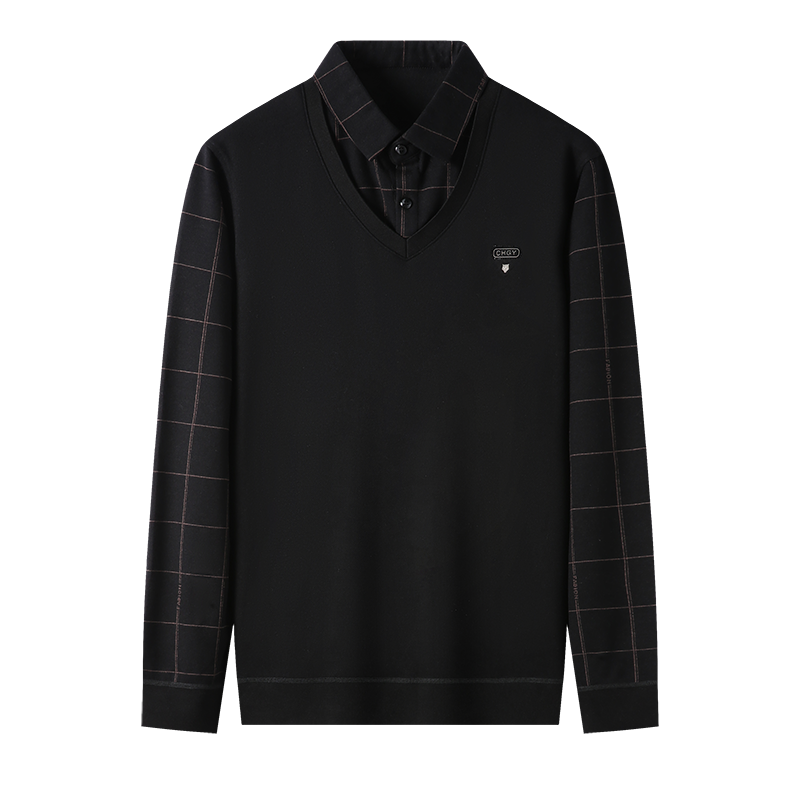 千锦鸟(Qianjinniao)新款男士假两件长袖T恤休闲t恤男中青年时尚上班穿POLO衫体恤衫爸爸装春秋款打底衫