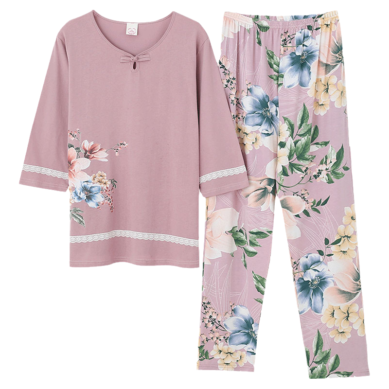 莫代尔套头睡衣女秋季七分袖2021年新款女士印花春秋款家居服冬