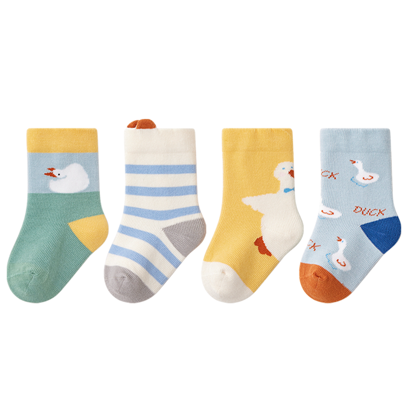贝比 婴儿袜春秋薄款新生婴儿纯棉卡通儿童短袜秋冬中筒袜4双装