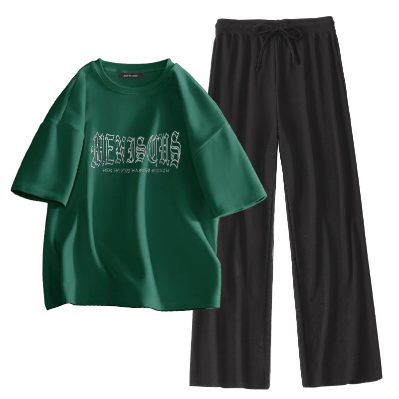 真维斯墨绿色短袖t恤女夏季套装时尚洋气2022新款冰丝裤两件套潮