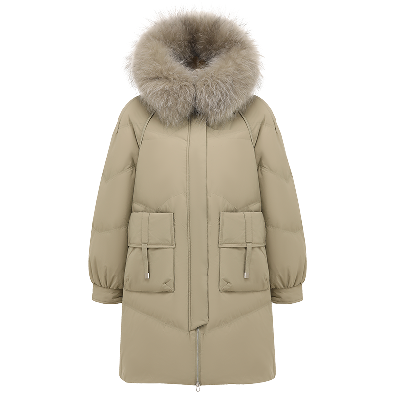 坦博尔2021新款羽绒服女士拼接宽松中长款大毛领保暖外套TB211658