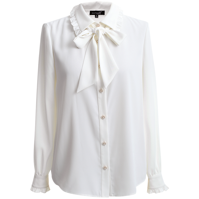 OUNIXUE欧昵雪 | [淑女风蝴蝶结飘带小衫]气质木耳边翻领上衣直筒衬衫女