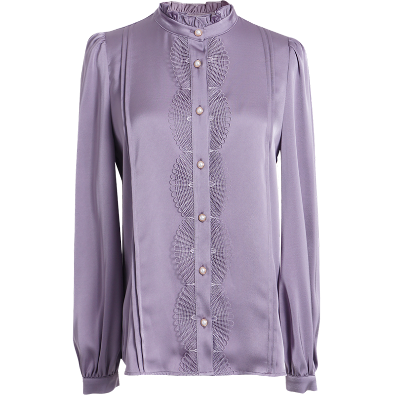 OUNIXUE欧昵雪 | [设计感花边拼接小衫]气质木耳边立领缎面显瘦衬衫女