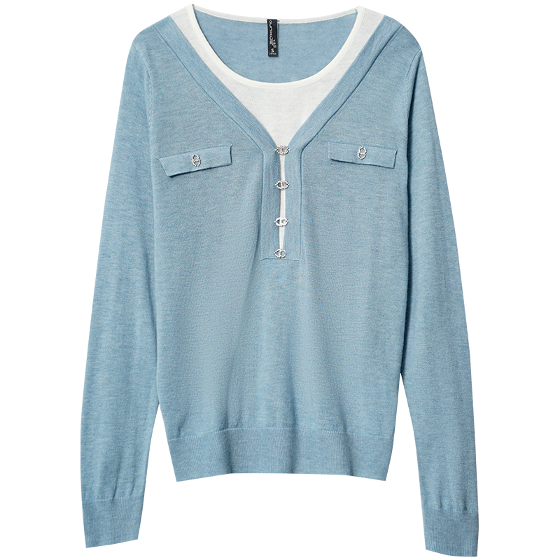 OUNIXUE欧昵雪 | [气质假两件针织衫]韩版圆领撞色拼接宽松休闲上衣女